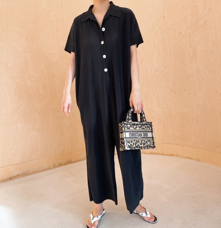 Pleated** Button Down Wide Jumpsuit