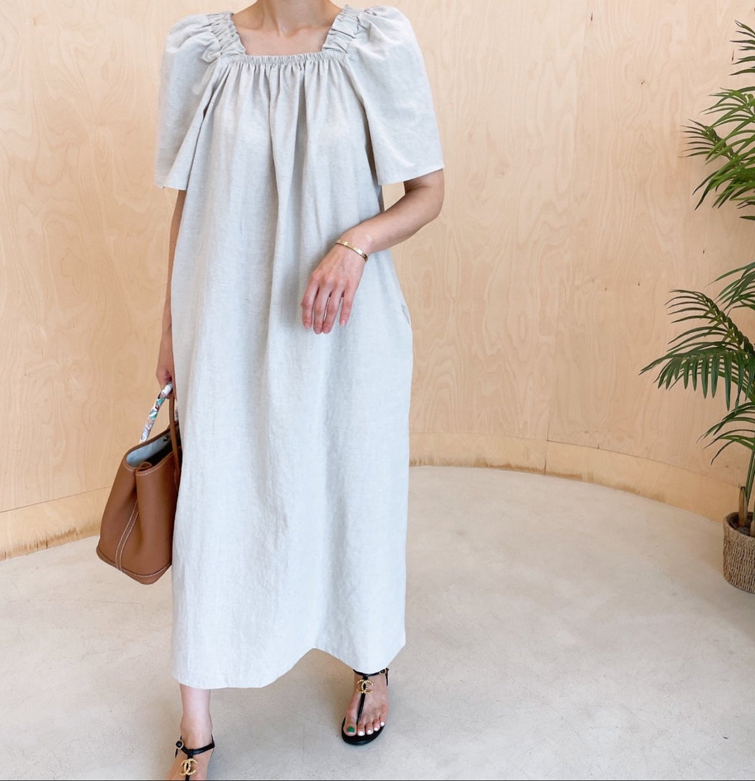 square neck linen dress Audrey l Neutral Ground S The combination of timeless materials with sharp Square neck Linen Dress