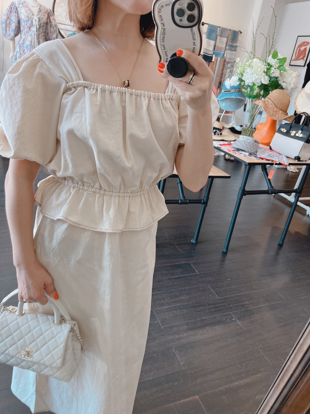 Linen Square neck Blouse + Skirt Set up