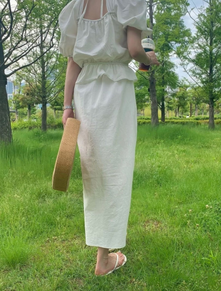 Linen Square neck Blouse + Skirt Set up