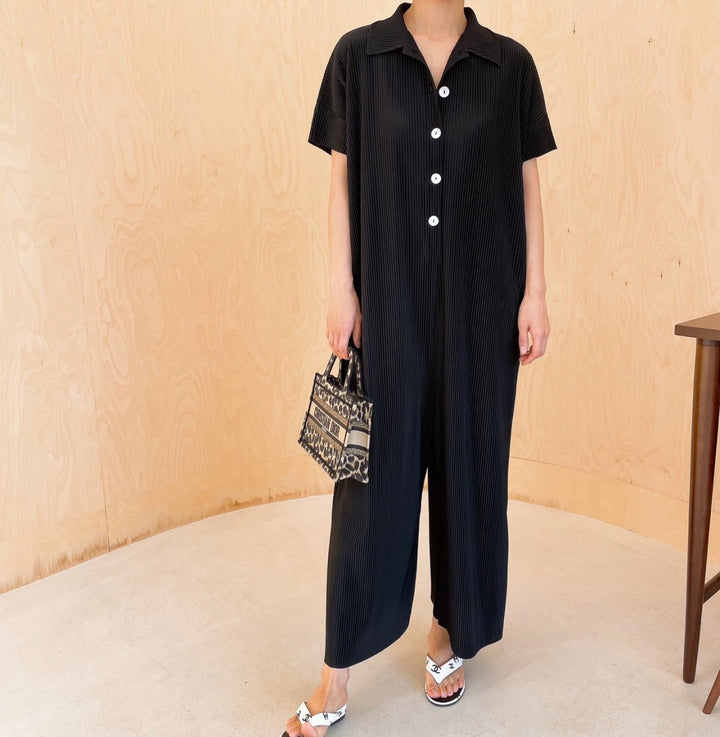 Pleated** Button Down Wide Jumpsuit