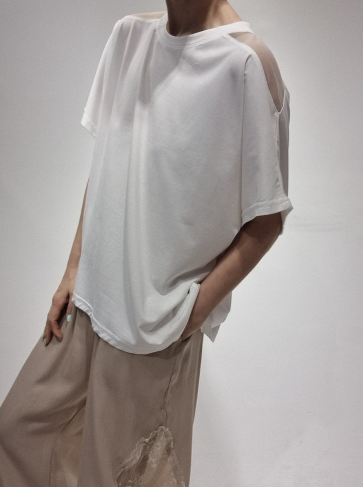 Mesh Shoulder Tencel T-shirt