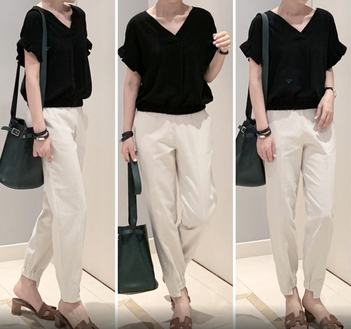 Linen V Neck Blouse with Banded Waist